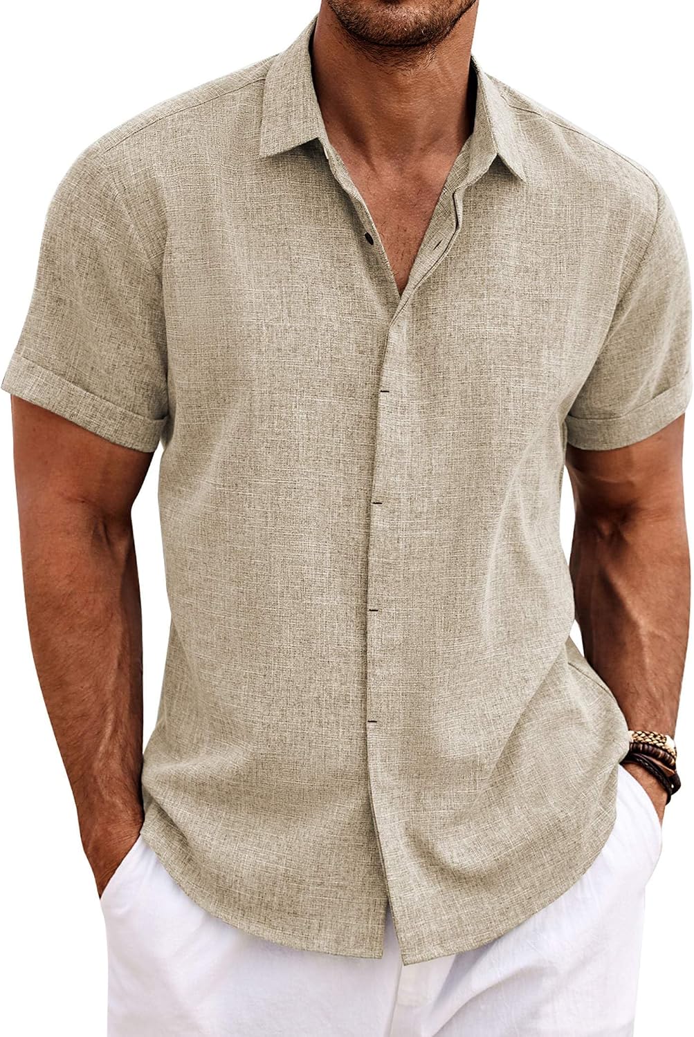 COOFANDY Men's Linen Wedding Shirts - Short Sleeve. Button Up. Casual. Relaxed-Fit Dark Grey