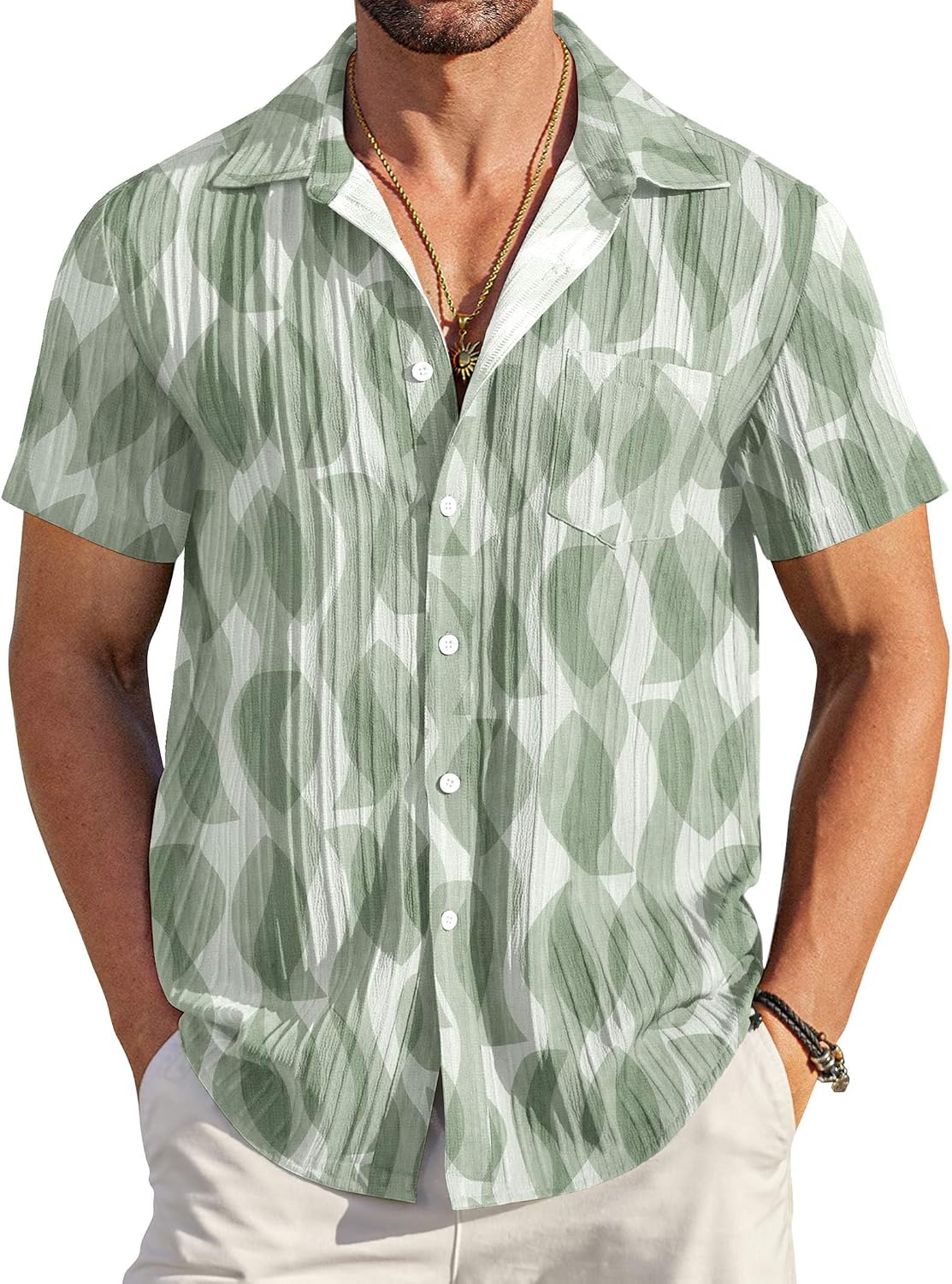 COOFANDY Men's Summer Linen Shirts Short Sleeve Button Down Shirts for Men Fashion Beach Casual Shirt A-White
