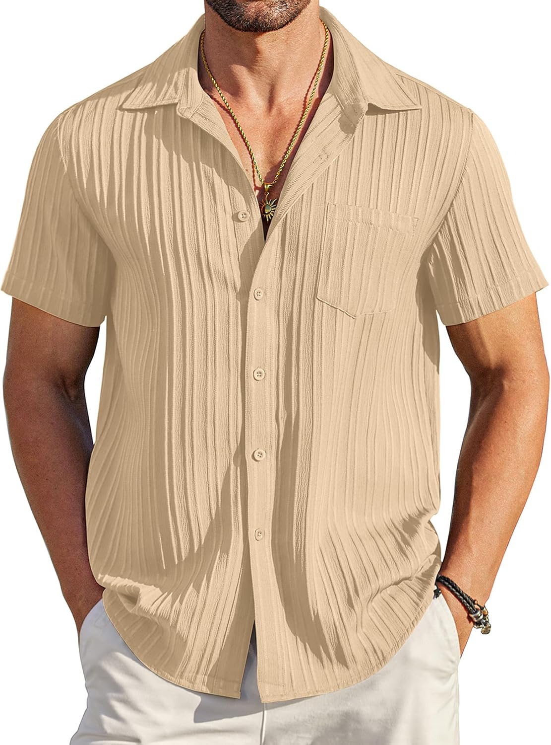 COOFANDY Men's Summer Linen Shirts Short Sleeve Button Down Shirts for Men Fashion Beach Casual Shirt A-White