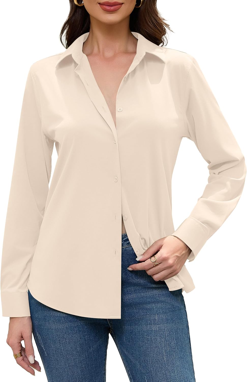 COUXILY Beige Dress Shirts Women Womens Blouse Button Down Up Silk Shirt Long Sleeve Blouses Collared Slim Wrinkle Free Fit Formal Tops for Casual Work Business Tunic Work Top Cream Size XL
