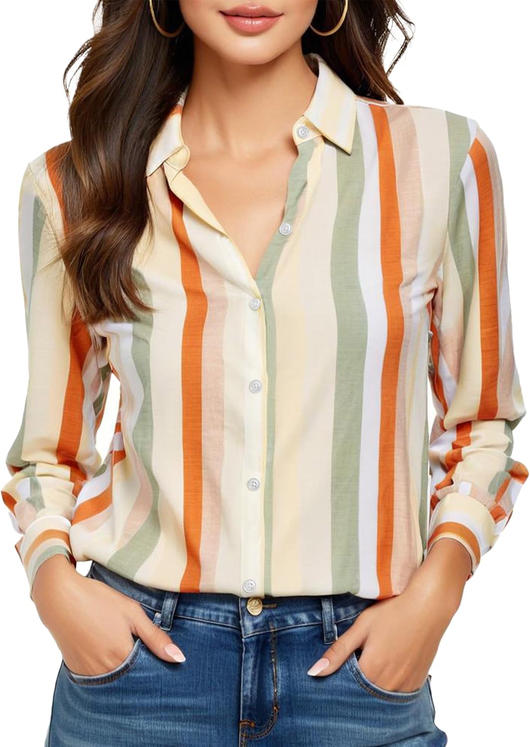 COUXILY Beige Dress Shirts Women Womens Blouse Button Down Up Silk Shirt Long Sleeve Blouses Collared Slim Wrinkle Free Fit Formal Tops for Casual Work Business Tunic Work Top Cream Size XL