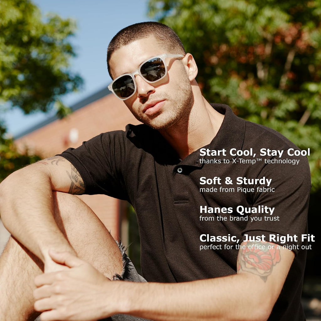 Hanes Mens Pique Short Sleeve Polo Shirt. Three-button Midweight For. Black. Medium US