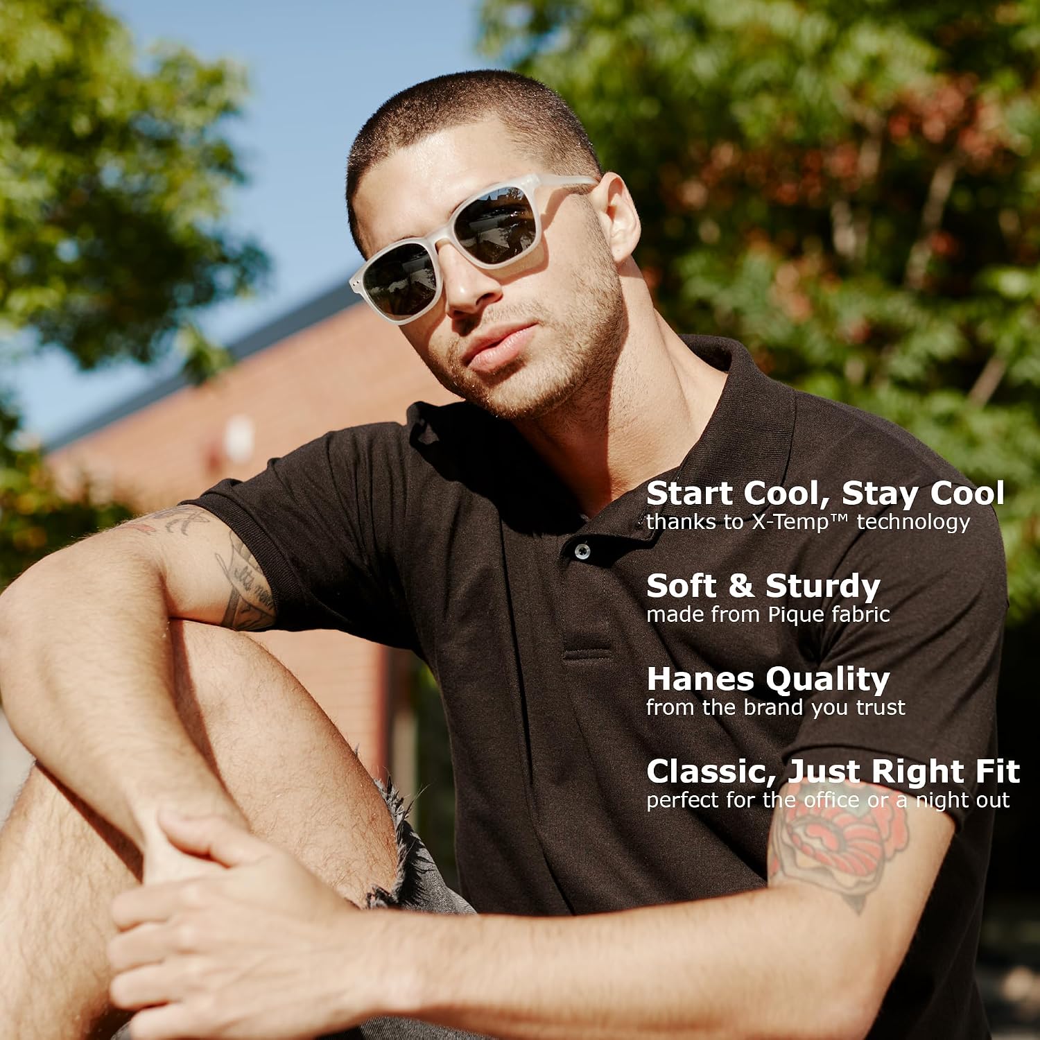 Hanes Mens Pique Short Sleeve Polo Shirt. Three-button Midweight For. Black. Medium US