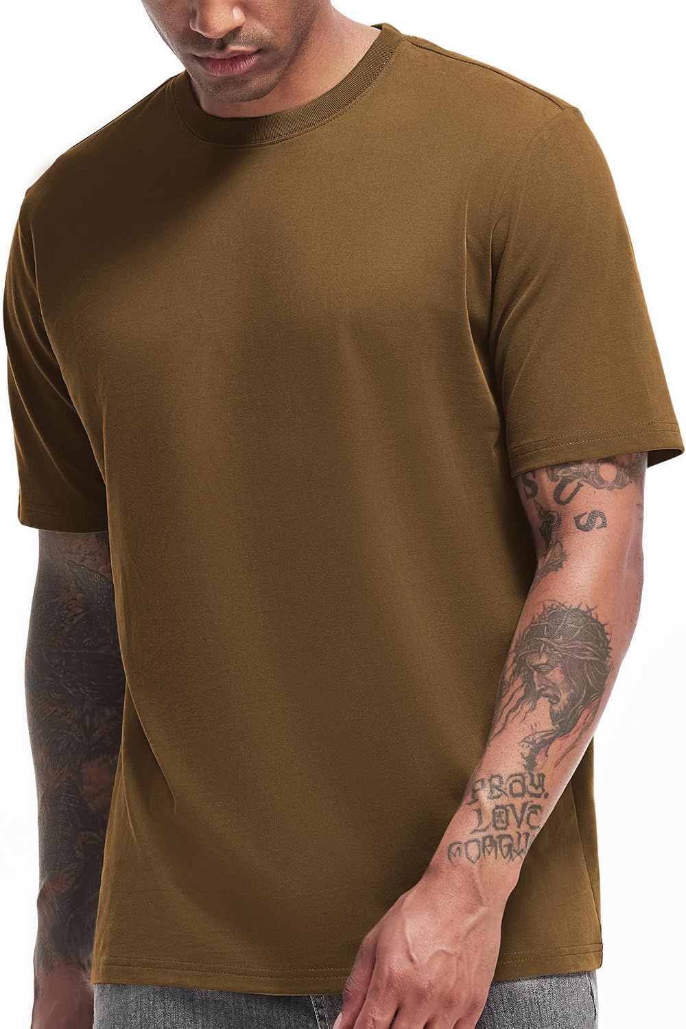 VEIISAR Men's Heavy Weight Crew Neck T-Shirt Mens Premium Cotton Tee Khaki XL
