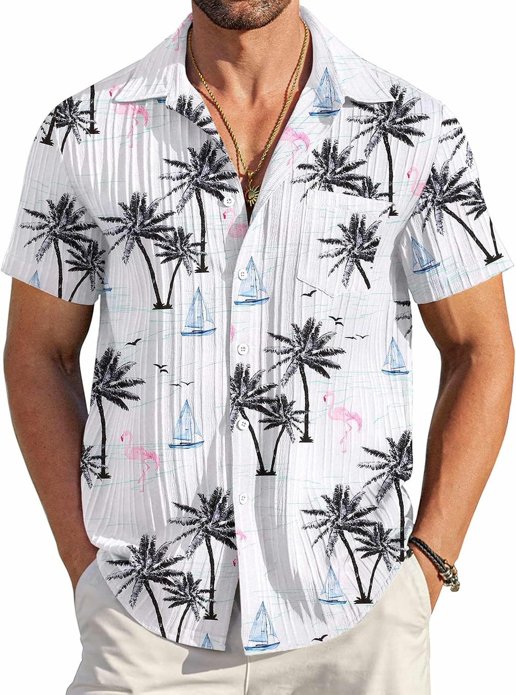COOFANDY Men's Summer Linen Shirts Short Sleeve Button Down Shirts for Men Fashion Beach Casual Shirt A-White