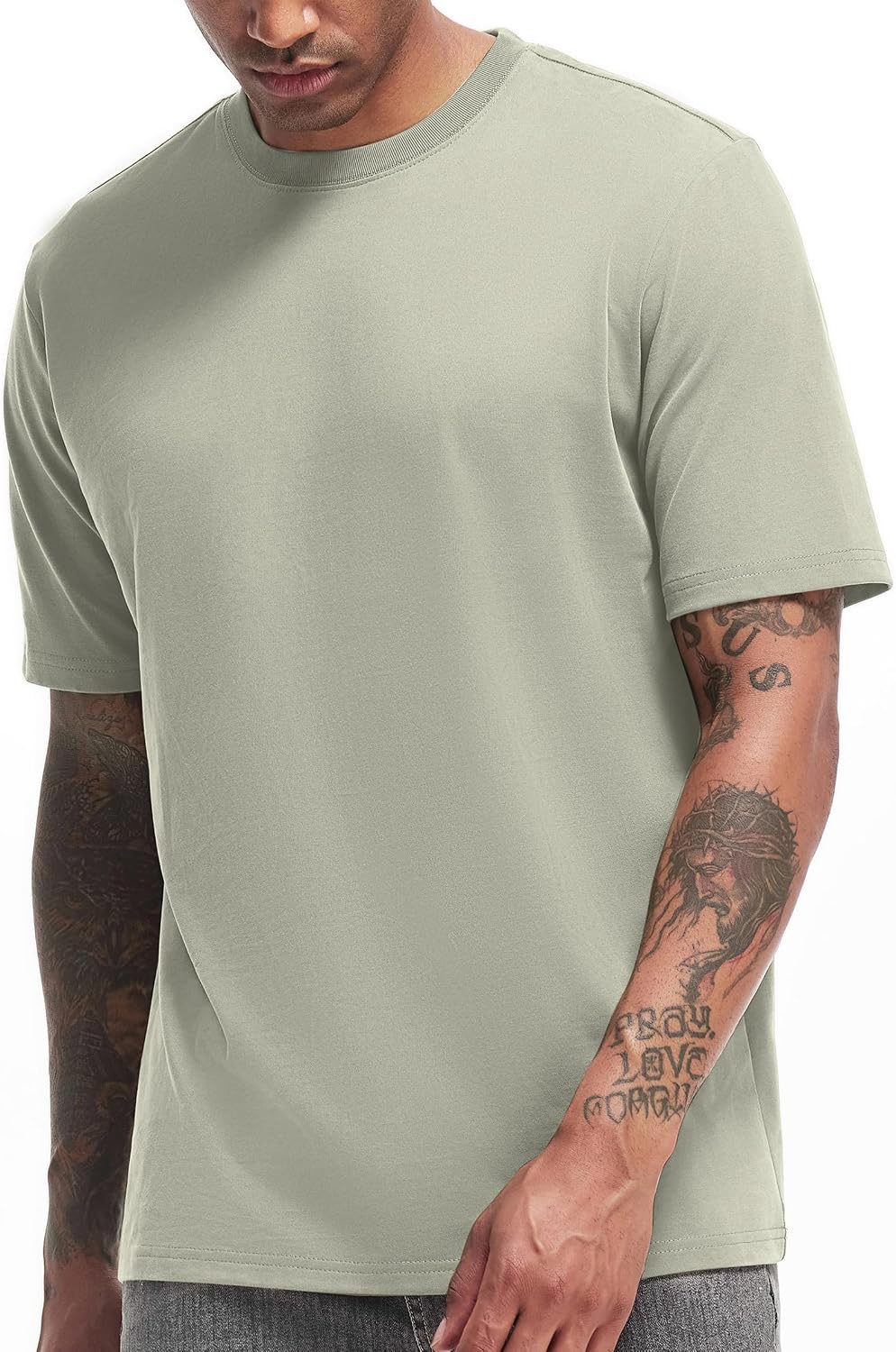VEIISAR Men's Heavy Weight Crew Neck T-Shirt Mens Premium Cotton Tee Khaki XL
