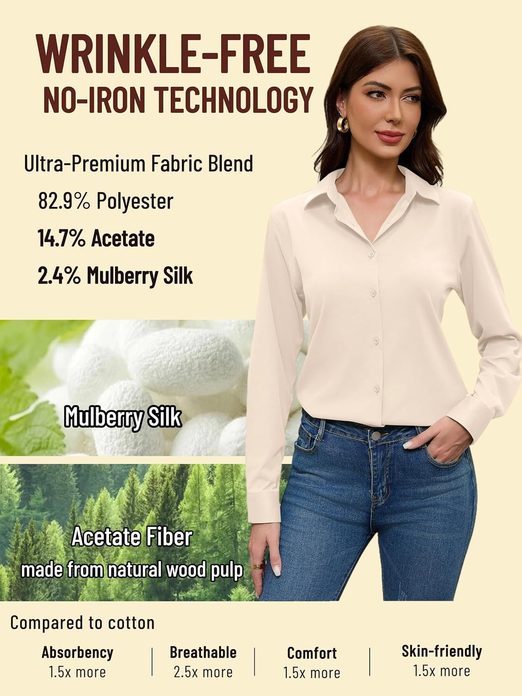 COUXILY Beige Dress Shirts Women Womens Blouse Button Down Up Silk Shirt Long Sleeve Blouses Collared Slim Wrinkle Free Fit Formal Tops for Casual Work Business Tunic Work Top Cream Size XL