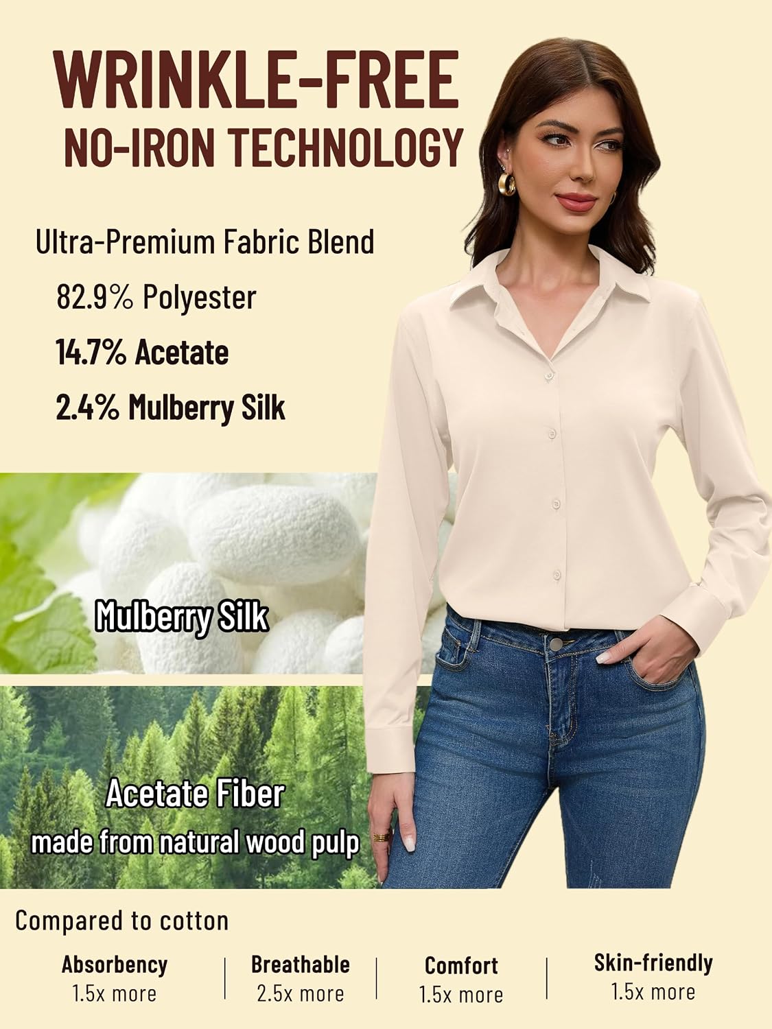 COUXILY Beige Dress Shirts Women Womens Blouse Button Down Up Silk Shirt Long Sleeve Blouses Collared Slim Wrinkle Free Fit Formal Tops for Casual Work Business Tunic Work Top Cream Size XL