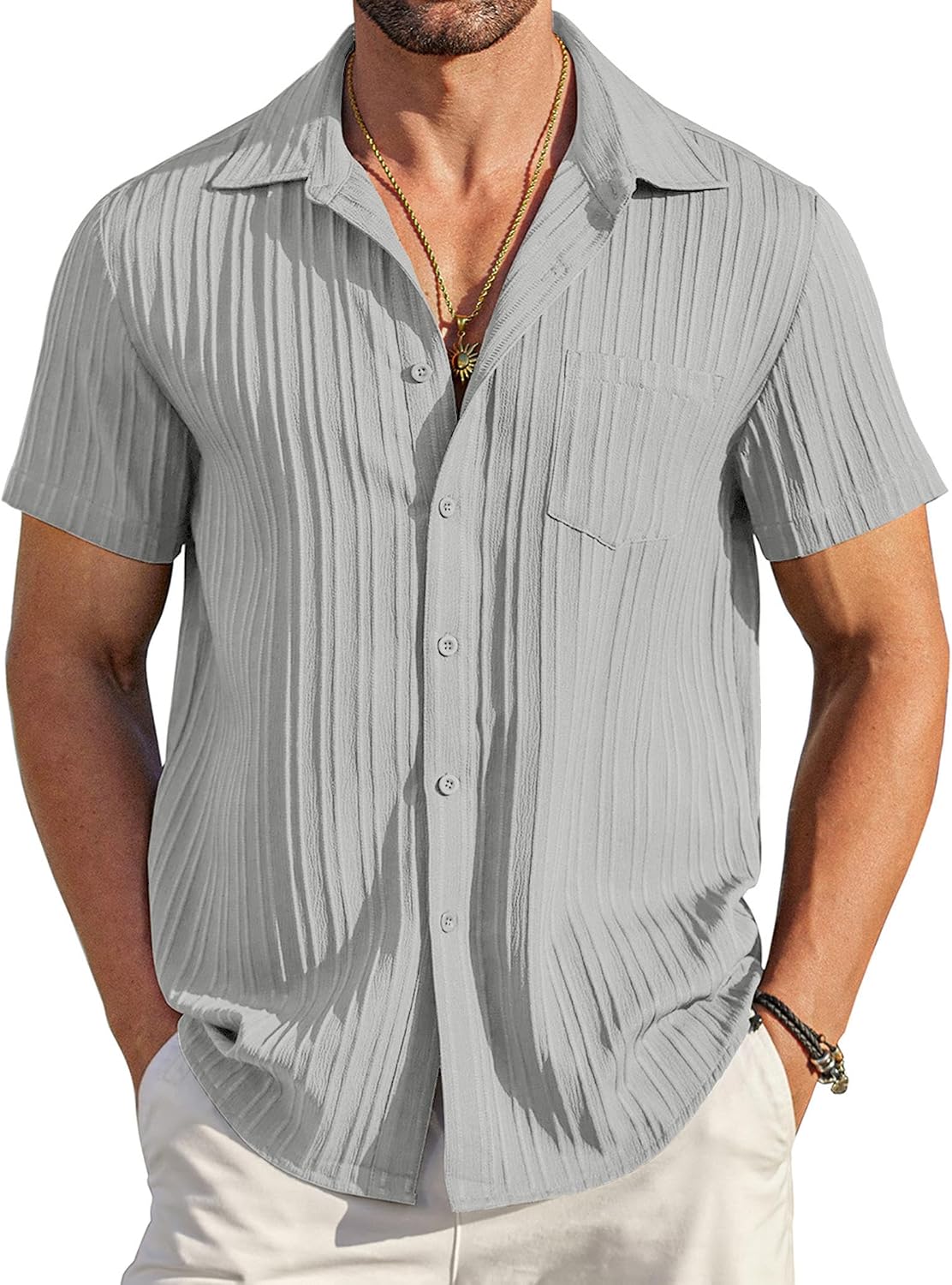COOFANDY Men's Summer Linen Shirts Short Sleeve Button Down Shirts for Men Fashion Beach Casual Shirt A-White