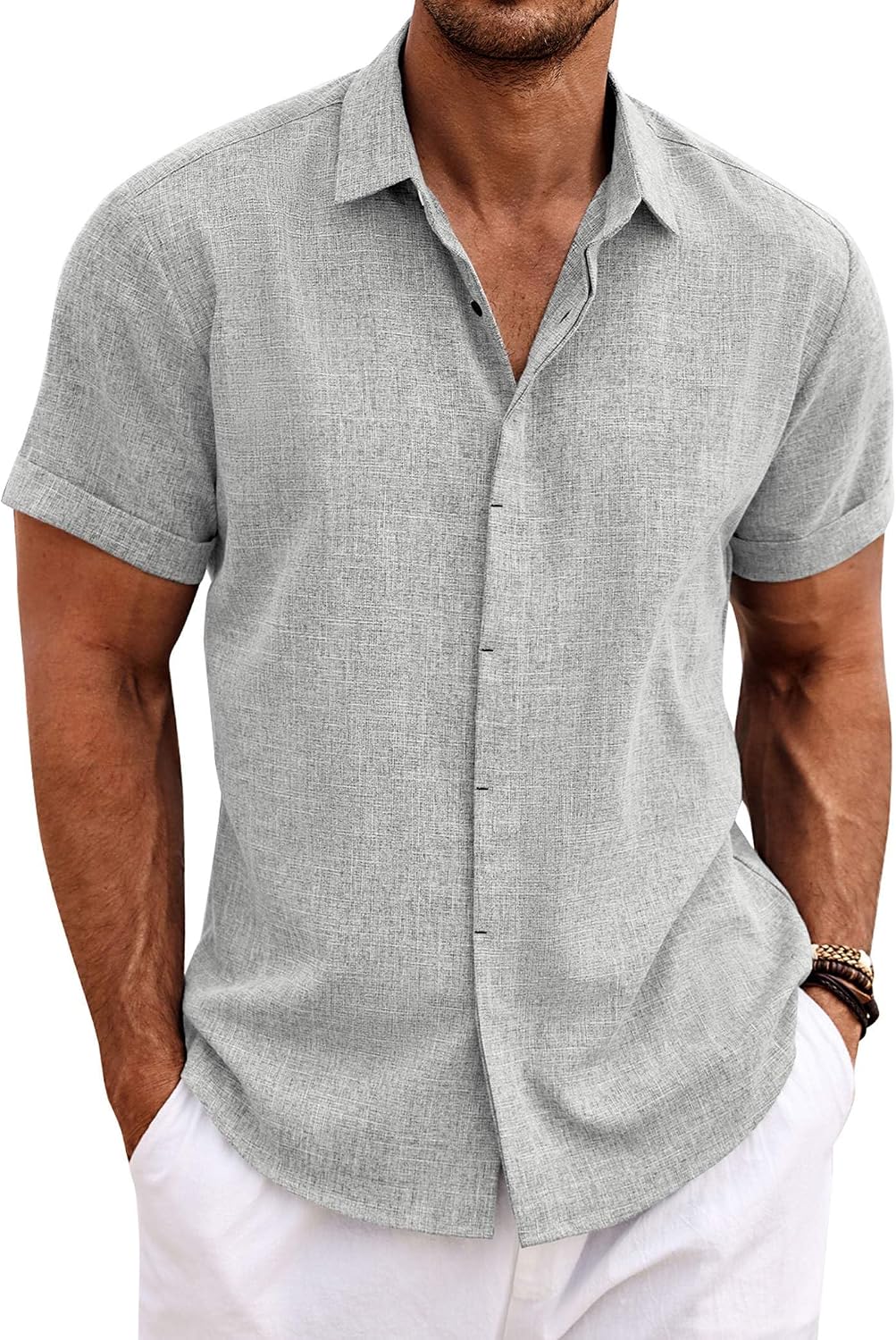 COOFANDY Men's Linen Wedding Shirts - Short Sleeve. Button Up. Casual. Relaxed-Fit Dark Grey