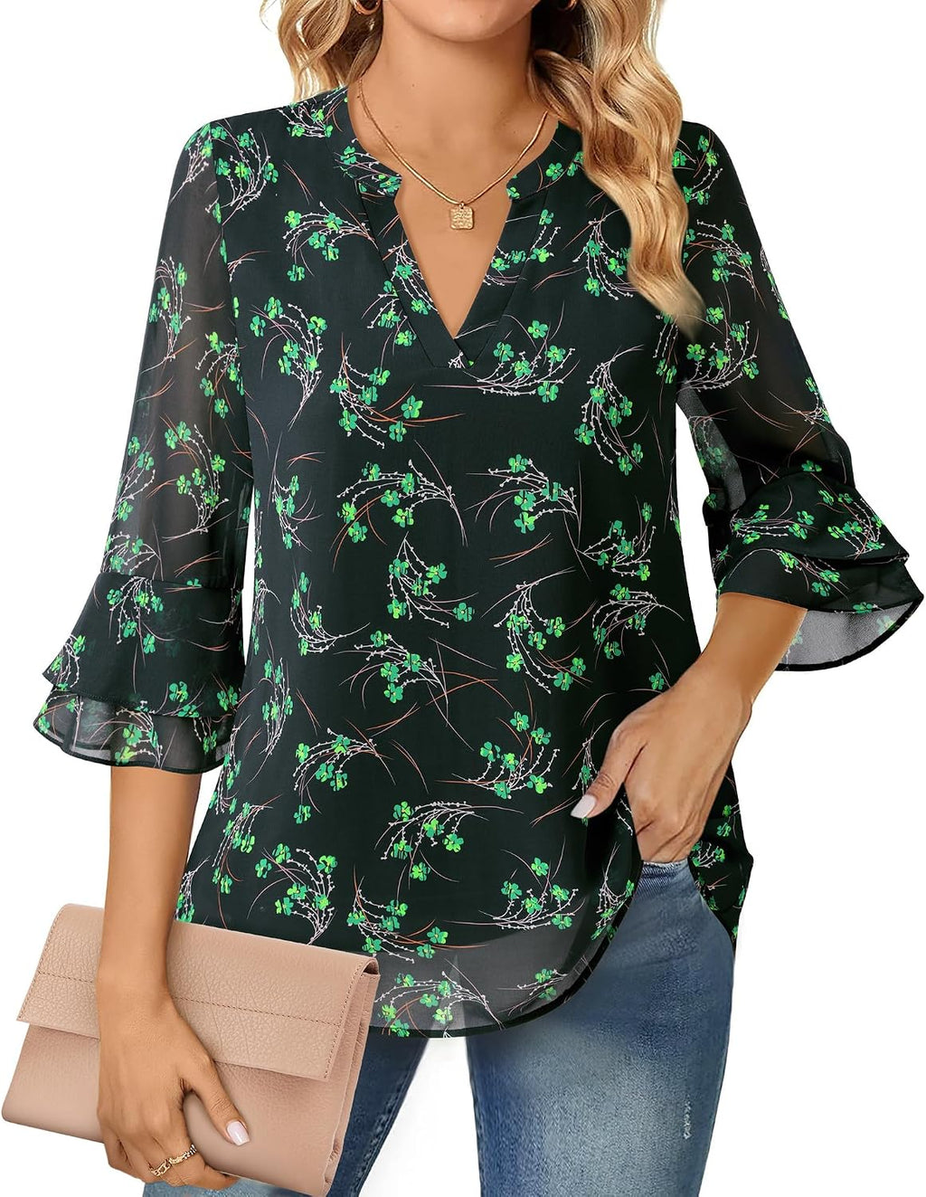 Chiffon Blouse - 3/4 Sleeve Womens Tops - Blouses for Women Business Casual Professional Formal Tops Junior Job Interview Clothing Spring Peasant Funeral Attire