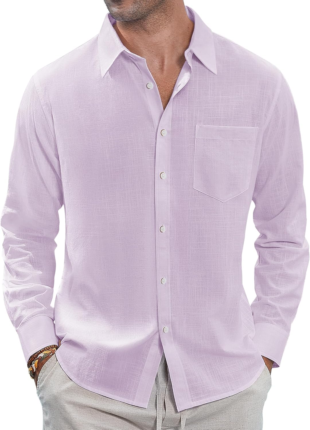 J.VER Men's Long Sleeve Linen Cotton Shirts Casual Button Down Shirt Summer Beach Tops with Pocket White Large
