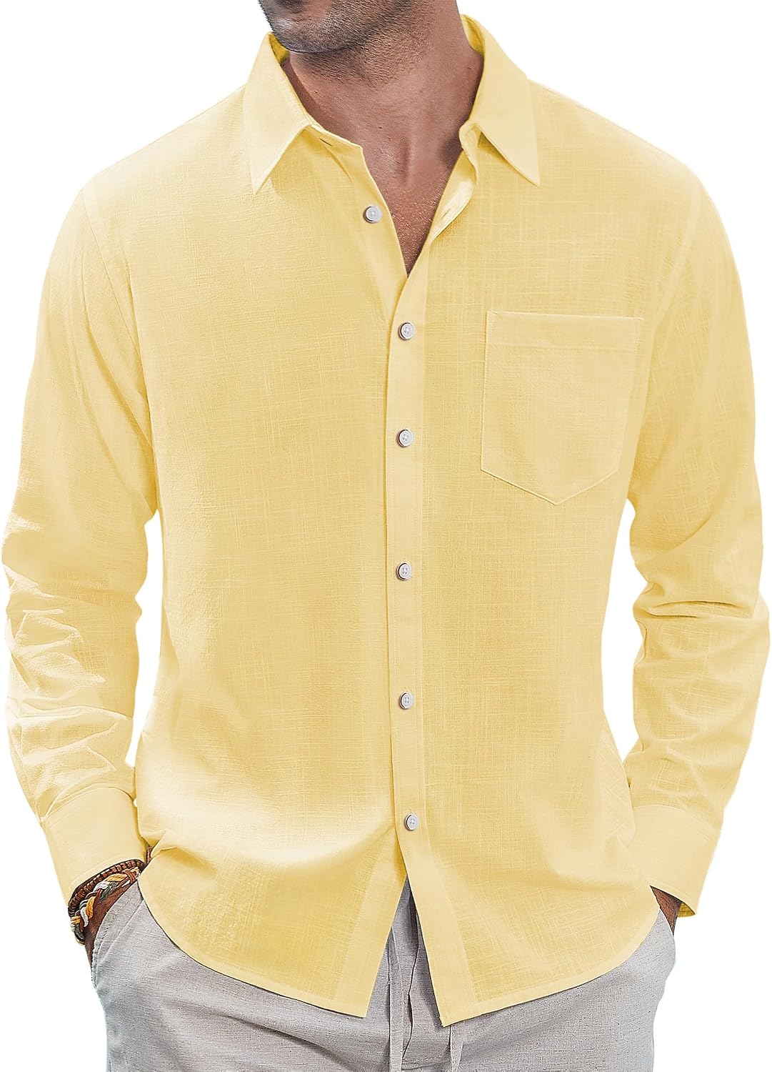 J.VER Men's Long Sleeve Linen Cotton Shirts Casual Button Down Shirt Summer Beach Tops with Pocket White Large