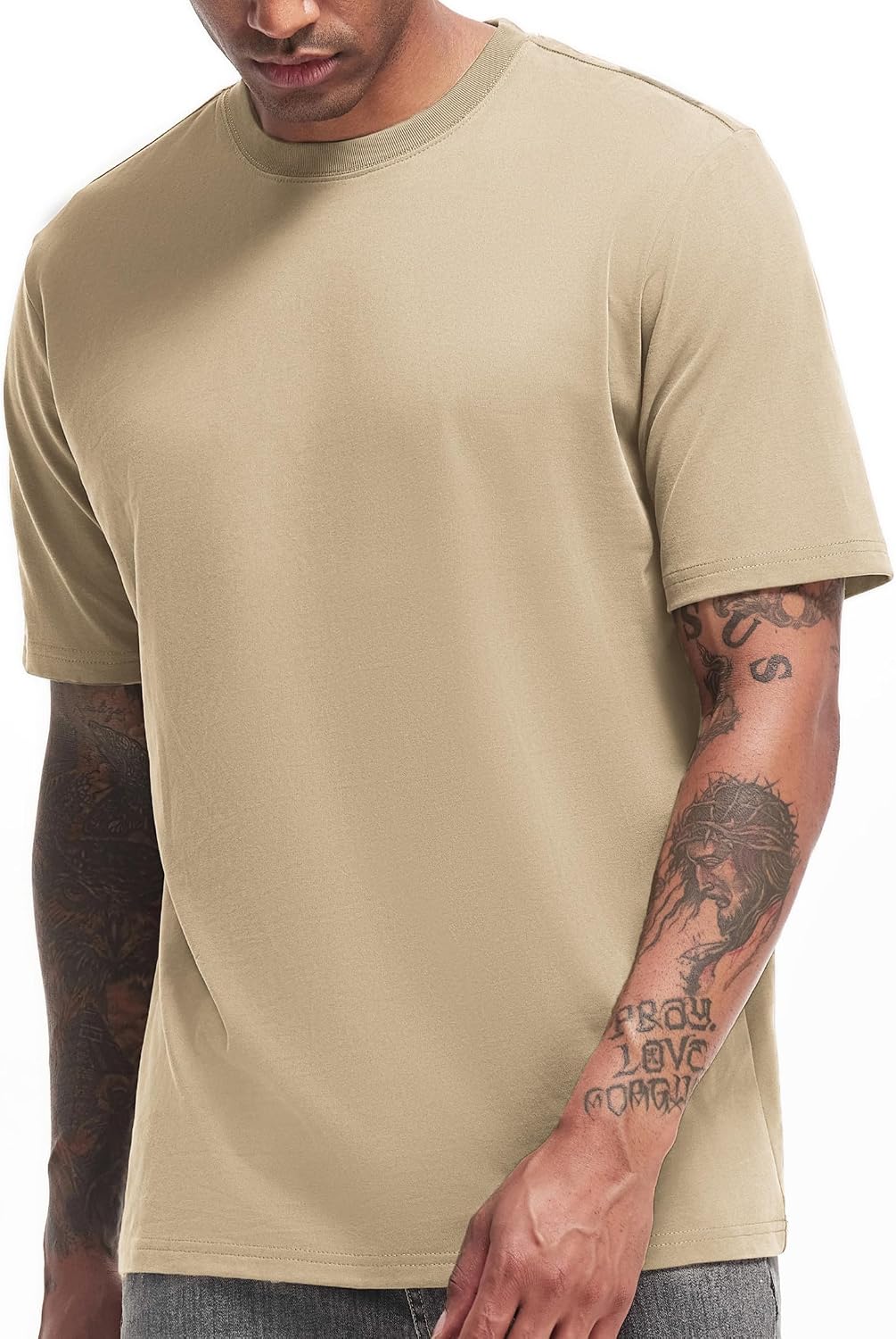 VEIISAR Men's Heavy Weight Crew Neck T-Shirt Mens Premium Cotton Tee Khaki XL