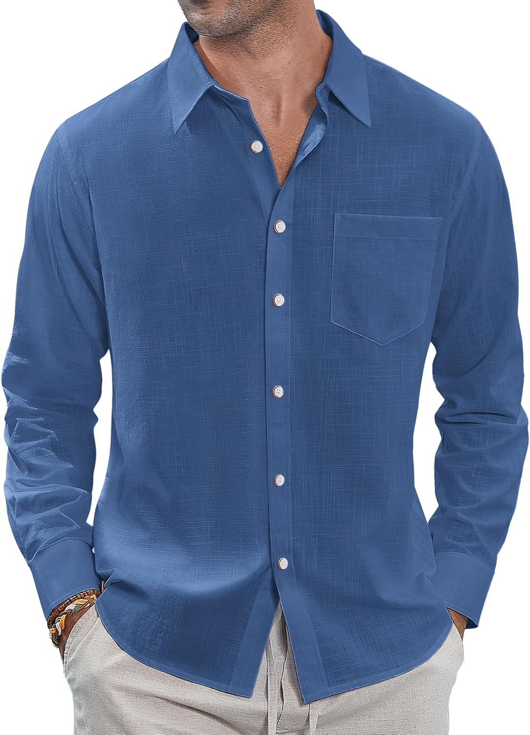 J.VER Men's Long Sleeve Linen Cotton Shirts Casual Button Down Shirt Summer Beach Tops with Pocket White Large