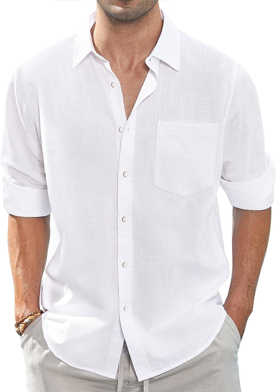 J.VER Men's Long Sleeve Linen Cotton Shirts Casual Button Down Shirt Summer Beach Tops with Pocket White Large