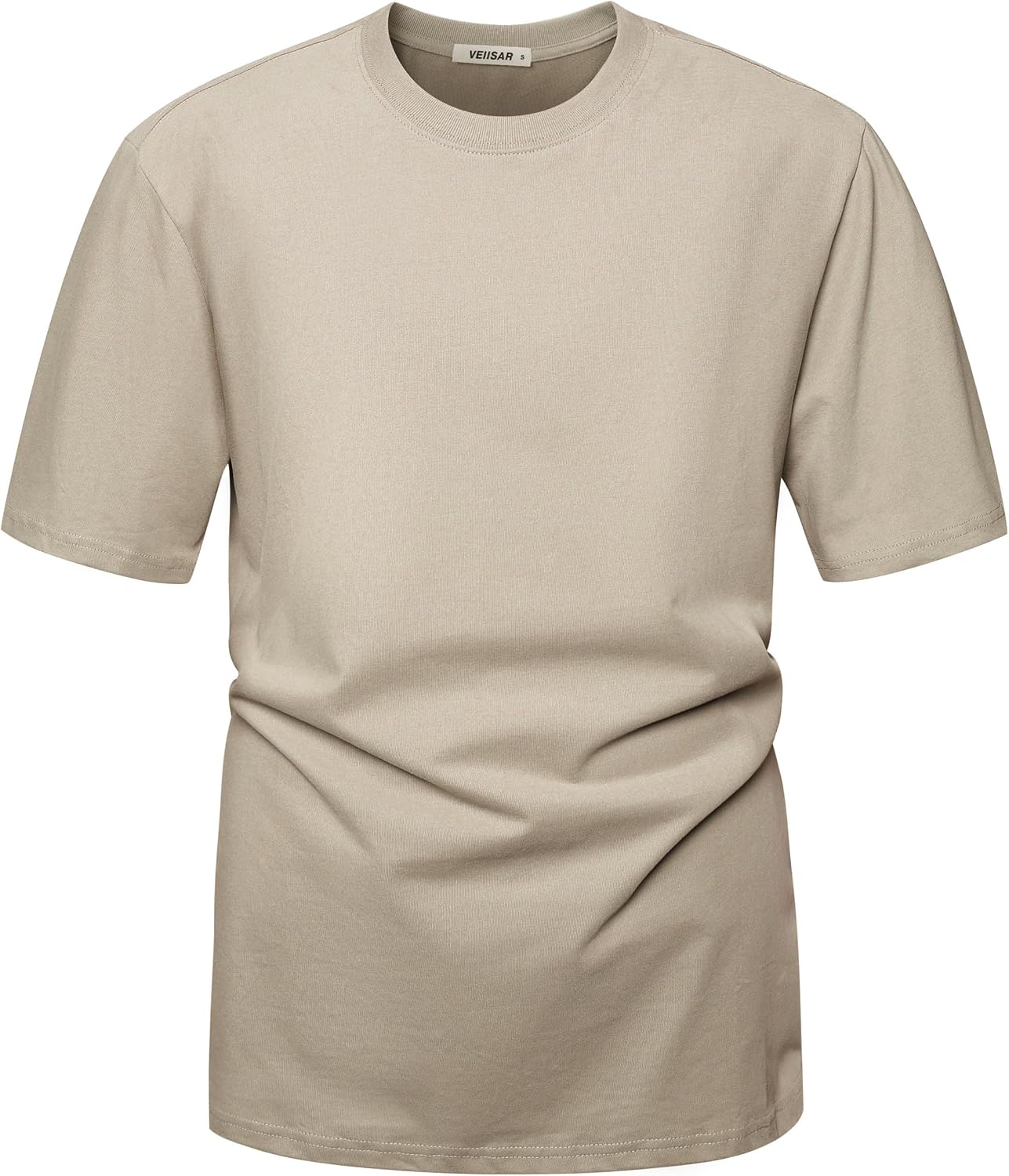 VEIISAR Men's Heavy Weight Crew Neck T-Shirt Mens Premium Cotton Tee Khaki XL