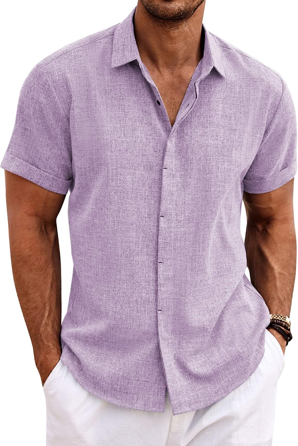 COOFANDY Men's Linen Wedding Shirts - Short Sleeve. Button Up. Casual. Relaxed-Fit Dark Grey