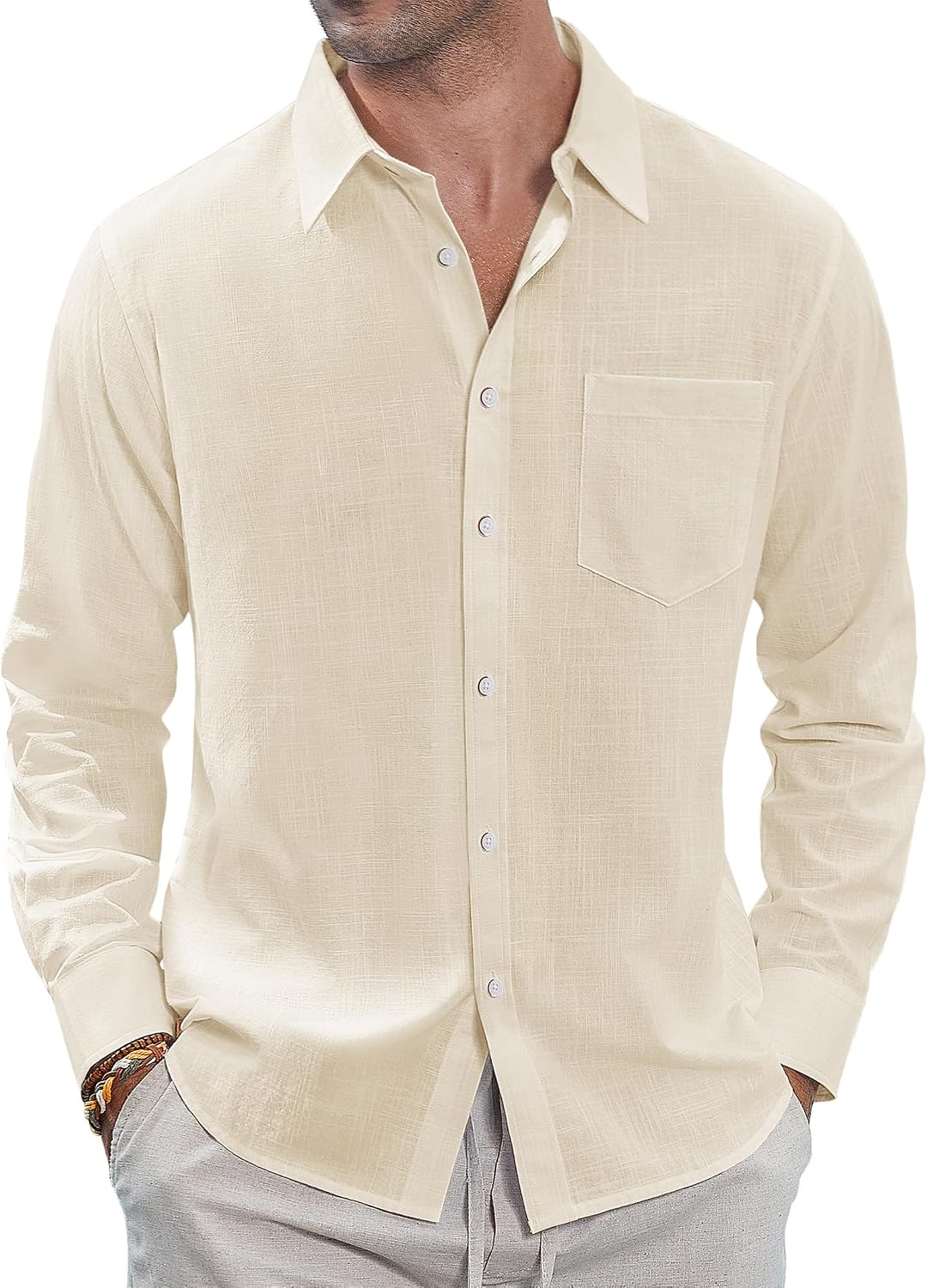 J.VER Men's Long Sleeve Linen Cotton Shirts Casual Button Down Shirt Summer Beach Tops with Pocket White Large