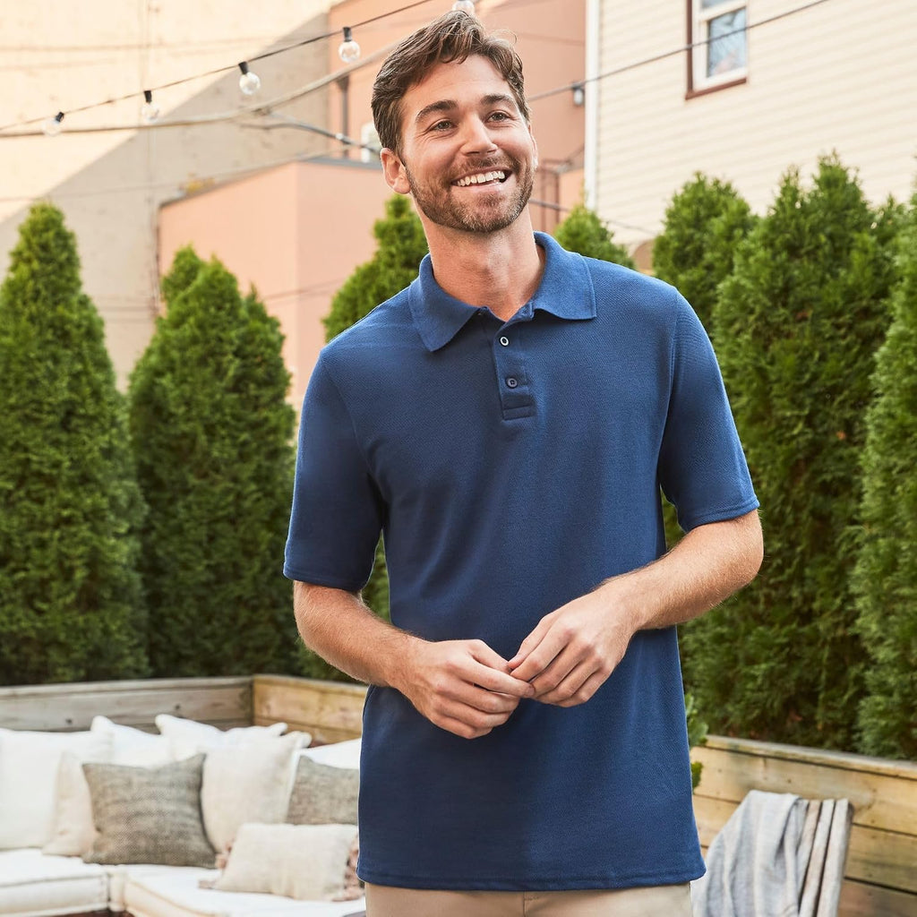 Hanes Mens Pique Short Sleeve Polo Shirt. Three-button Midweight For. Black. Medium US