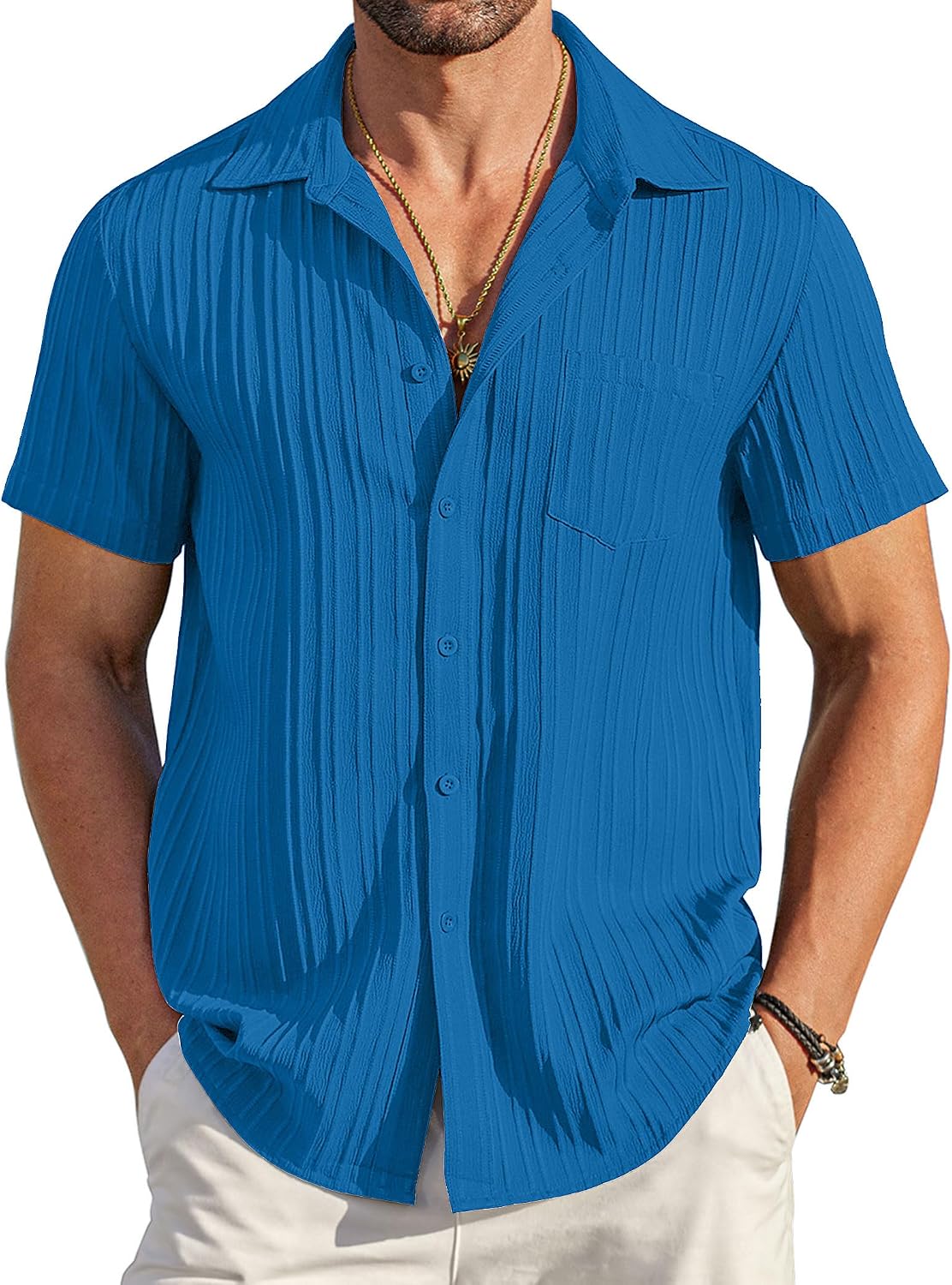 COOFANDY Men's Summer Linen Shirts Short Sleeve Button Down Shirts for Men Fashion Beach Casual Shirt A-White