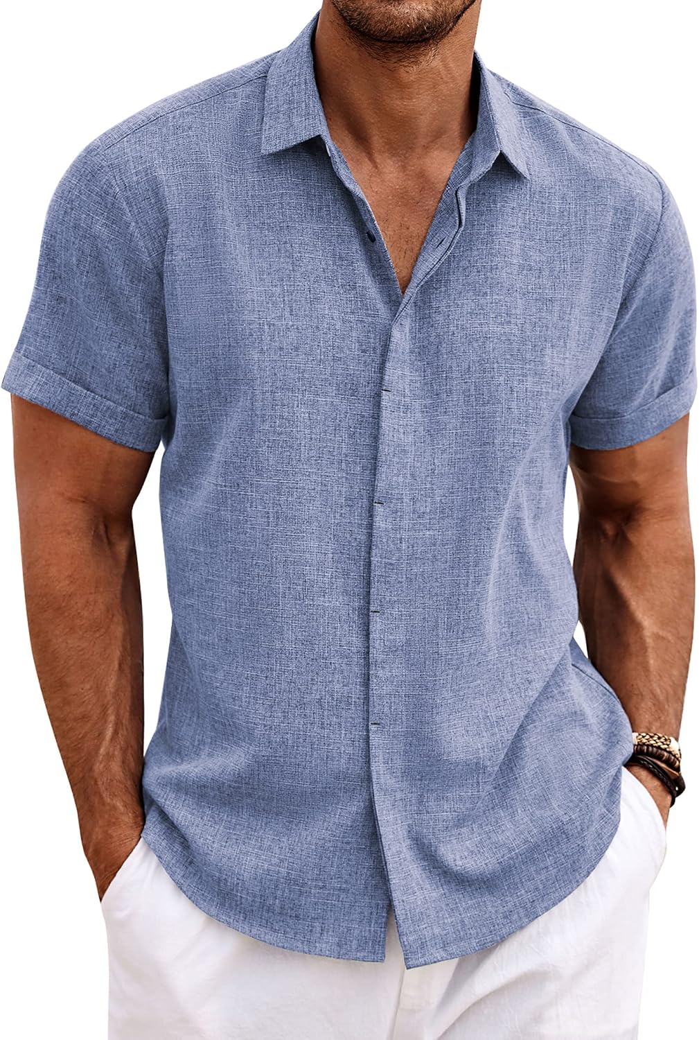 COOFANDY Men's Linen Wedding Shirts - Short Sleeve. Button Up. Casual. Relaxed-Fit Dark Grey