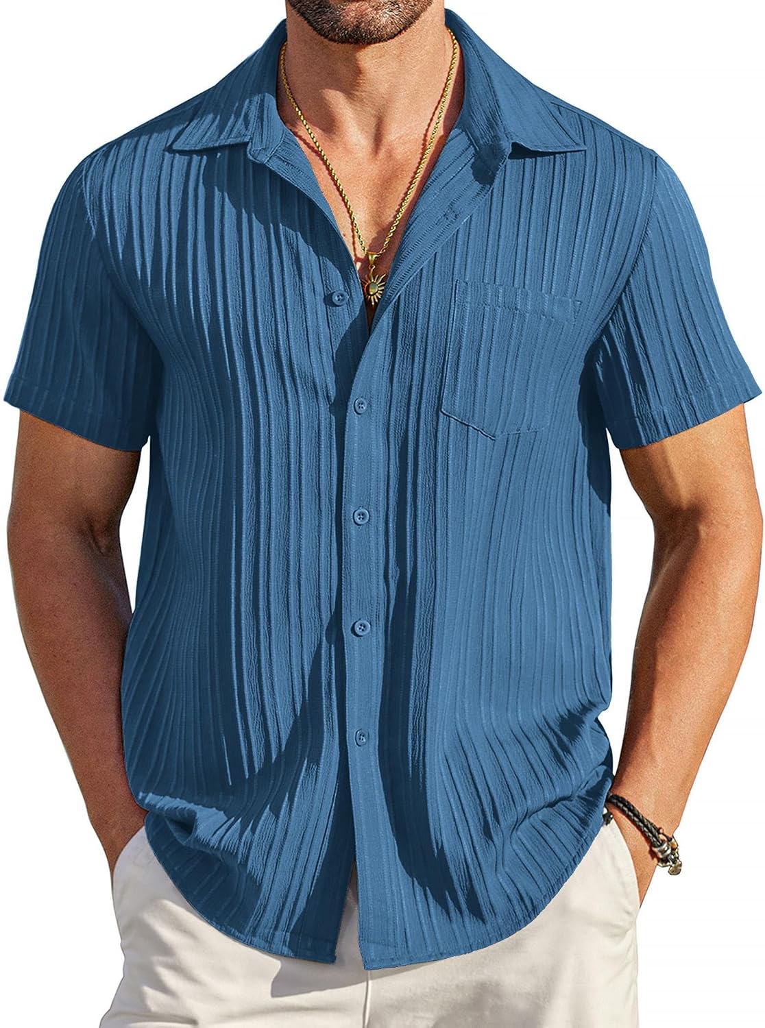 COOFANDY Men's Summer Linen Shirts Short Sleeve Button Down Shirts for Men Fashion Beach Casual Shirt A-White