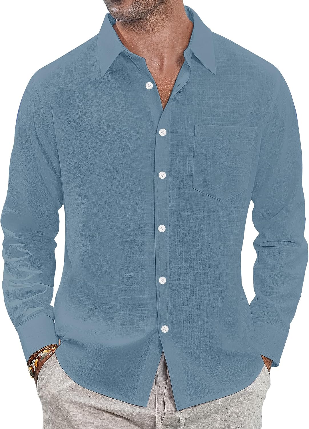 J.VER Men's Long Sleeve Linen Cotton Shirts Casual Button Down Shirt Summer Beach Tops with Pocket White Large