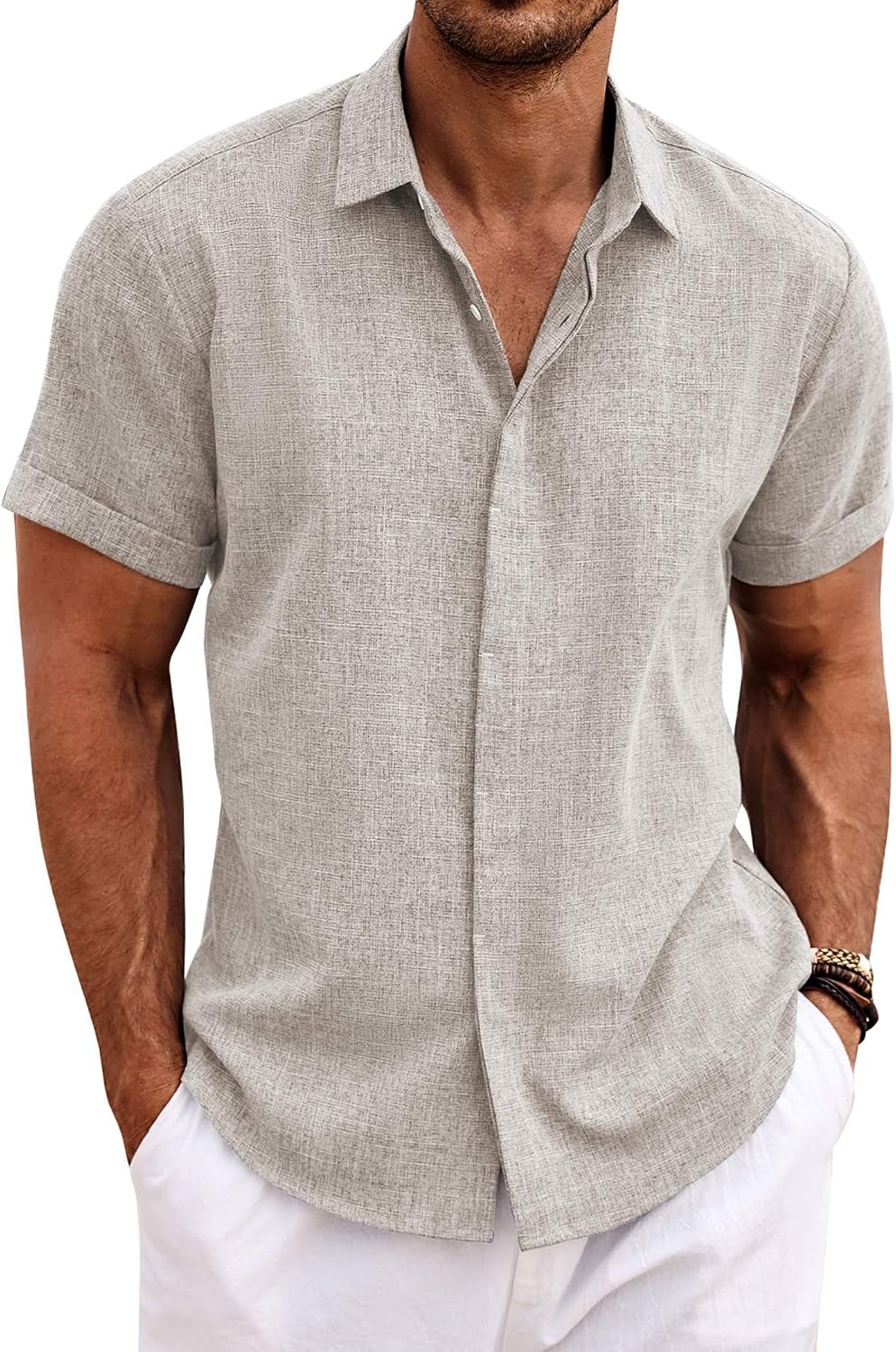 COOFANDY Men's Linen Wedding Shirts - Short Sleeve. Button Up. Casual. Relaxed-Fit Dark Grey