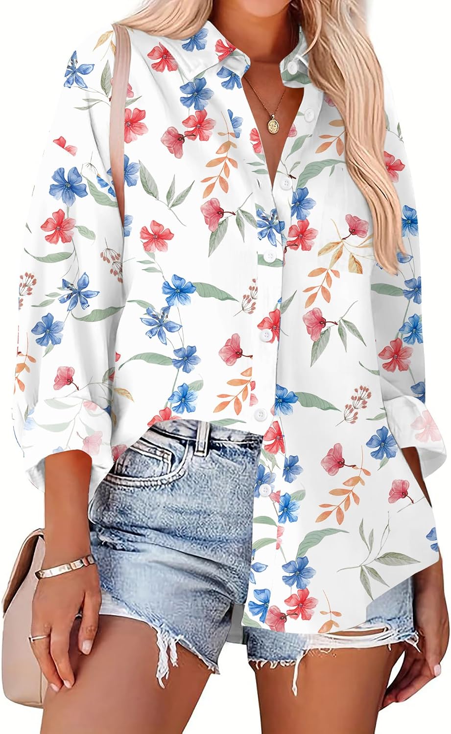Zeagoo Long Sleeve Button Down Shirt for Women White Boyfriend Turn-Down Collar Tops Casual Business Office Blouses L
