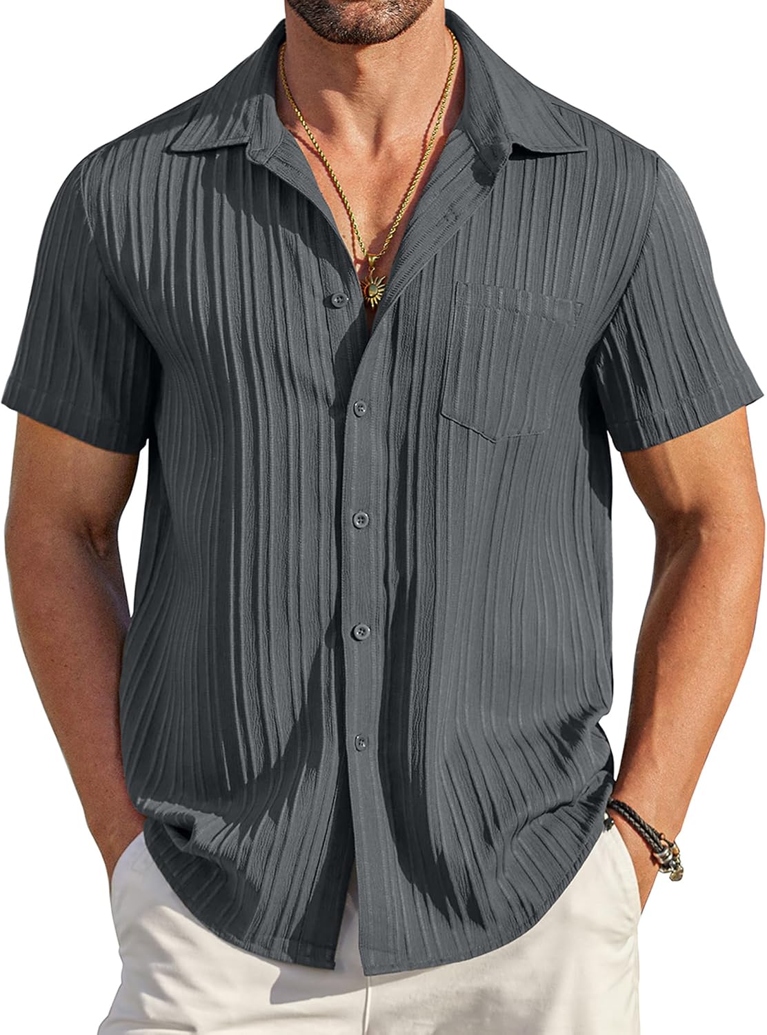 COOFANDY Men's Summer Linen Shirts Short Sleeve Button Down Shirts for Men Fashion Beach Casual Shirt A-White