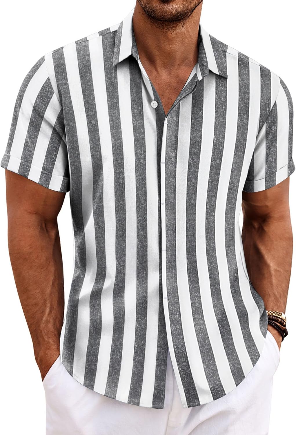 COOFANDY Men's Linen Wedding Shirts - Short Sleeve. Button Up. Casual. Relaxed-Fit Dark Grey