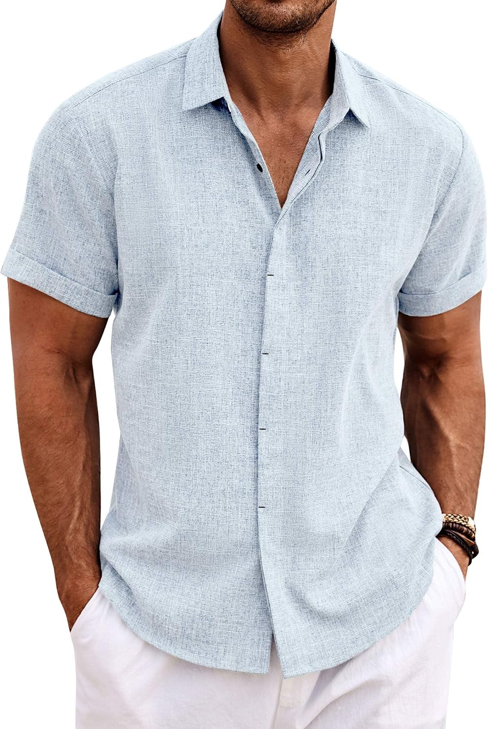 COOFANDY Men's Linen Wedding Shirts - Short Sleeve. Button Up. Casual. Relaxed-Fit Dark Grey