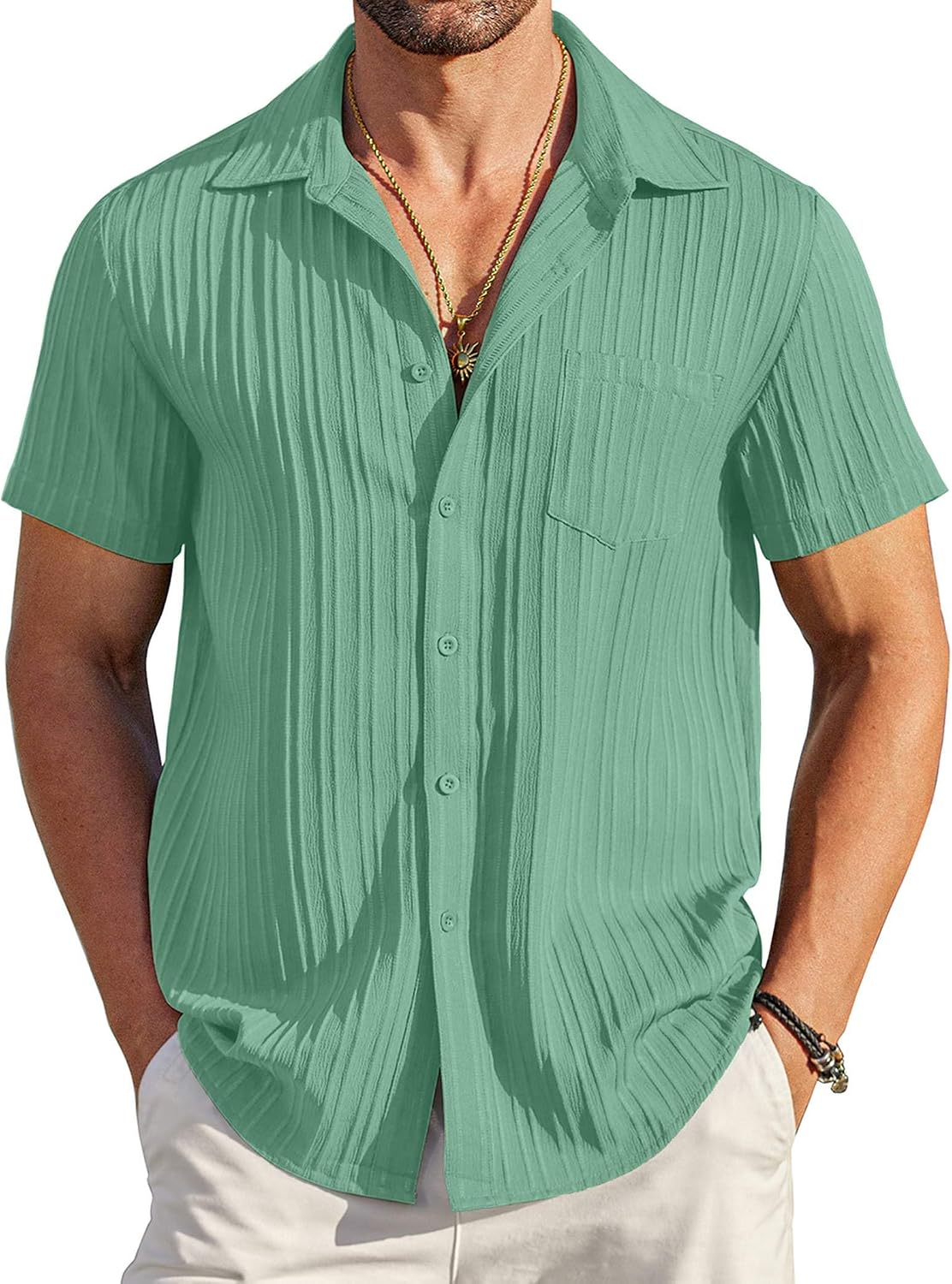 COOFANDY Men's Summer Linen Shirts Short Sleeve Button Down Shirts for Men Fashion Beach Casual Shirt A-White