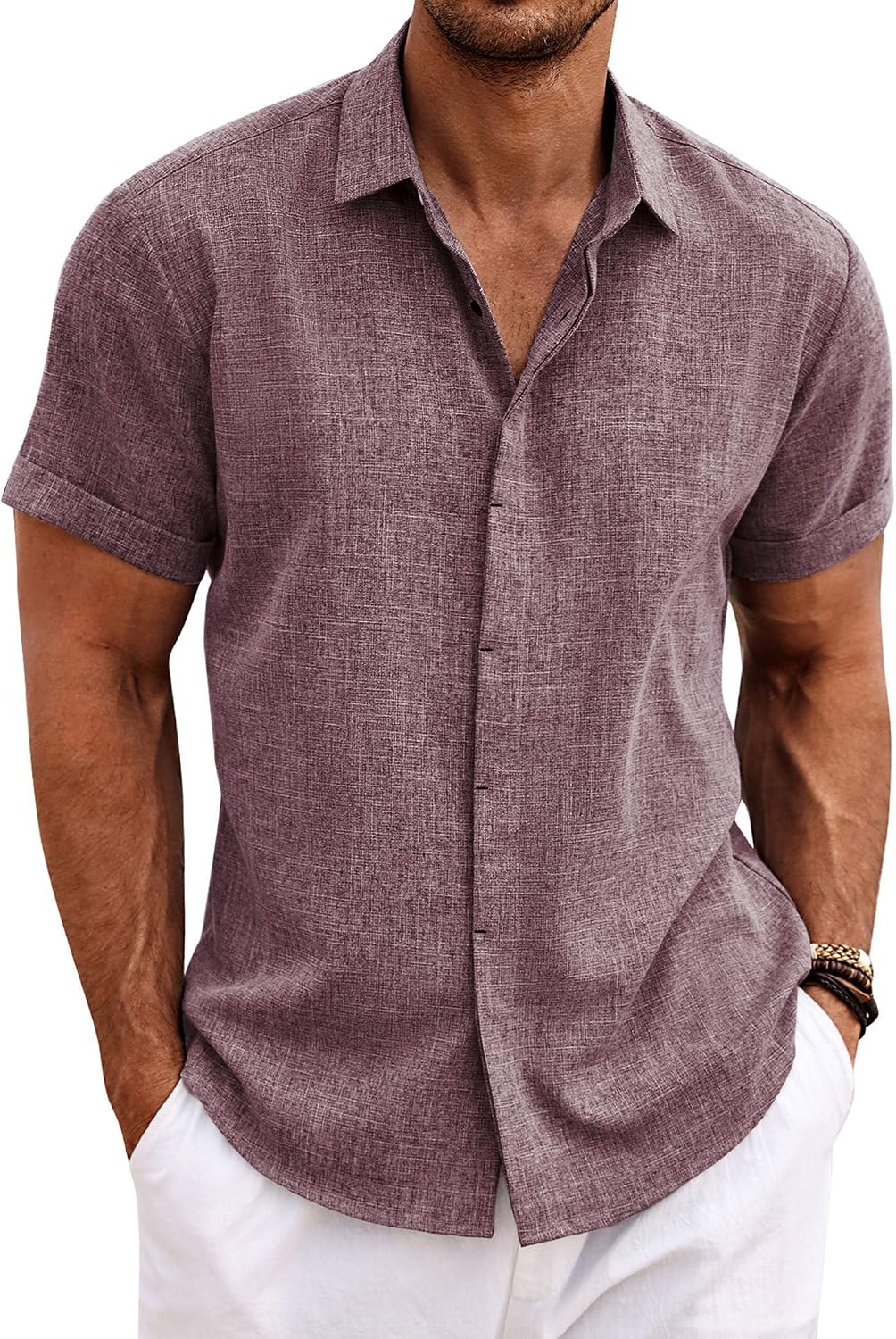 COOFANDY Men's Linen Wedding Shirts - Short Sleeve. Button Up. Casual. Relaxed-Fit Dark Grey