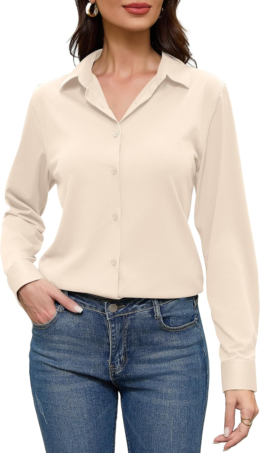 COUXILY Beige Dress Shirts Women Womens Blouse Button Down Up Silk Shirt Long Sleeve Blouses Collared Slim Wrinkle Free Fit Formal Tops for Casual Work Business Tunic Work Top Cream Size XL