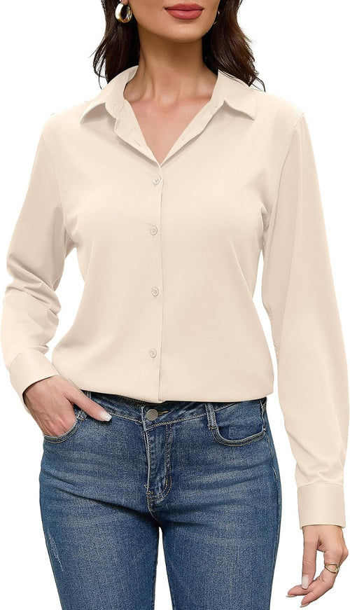 Beige Dress Shirts Women Womens Blouse Button Down Up Silk Shirt Long Sleeve Blouses Collared Slim Wrinkle Free Fit Formal Tops for Casual Work Business Tunic Work Top Cream Size XL