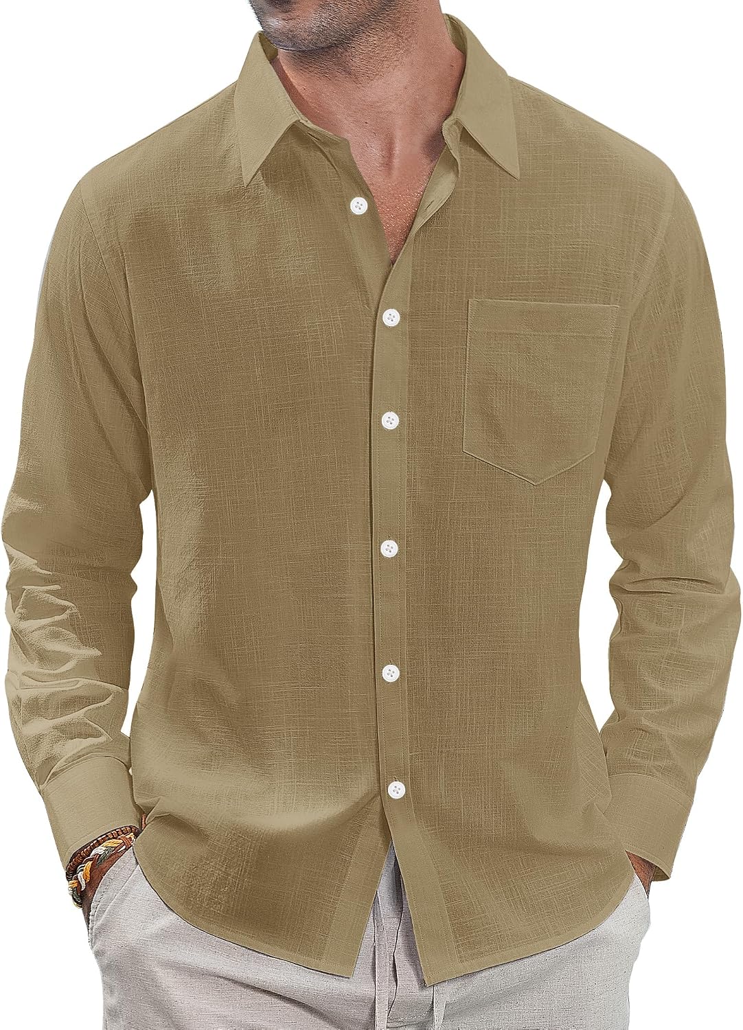 J.VER Men's Long Sleeve Linen Cotton Shirts Casual Button Down Shirt Summer Beach Tops with Pocket White Large