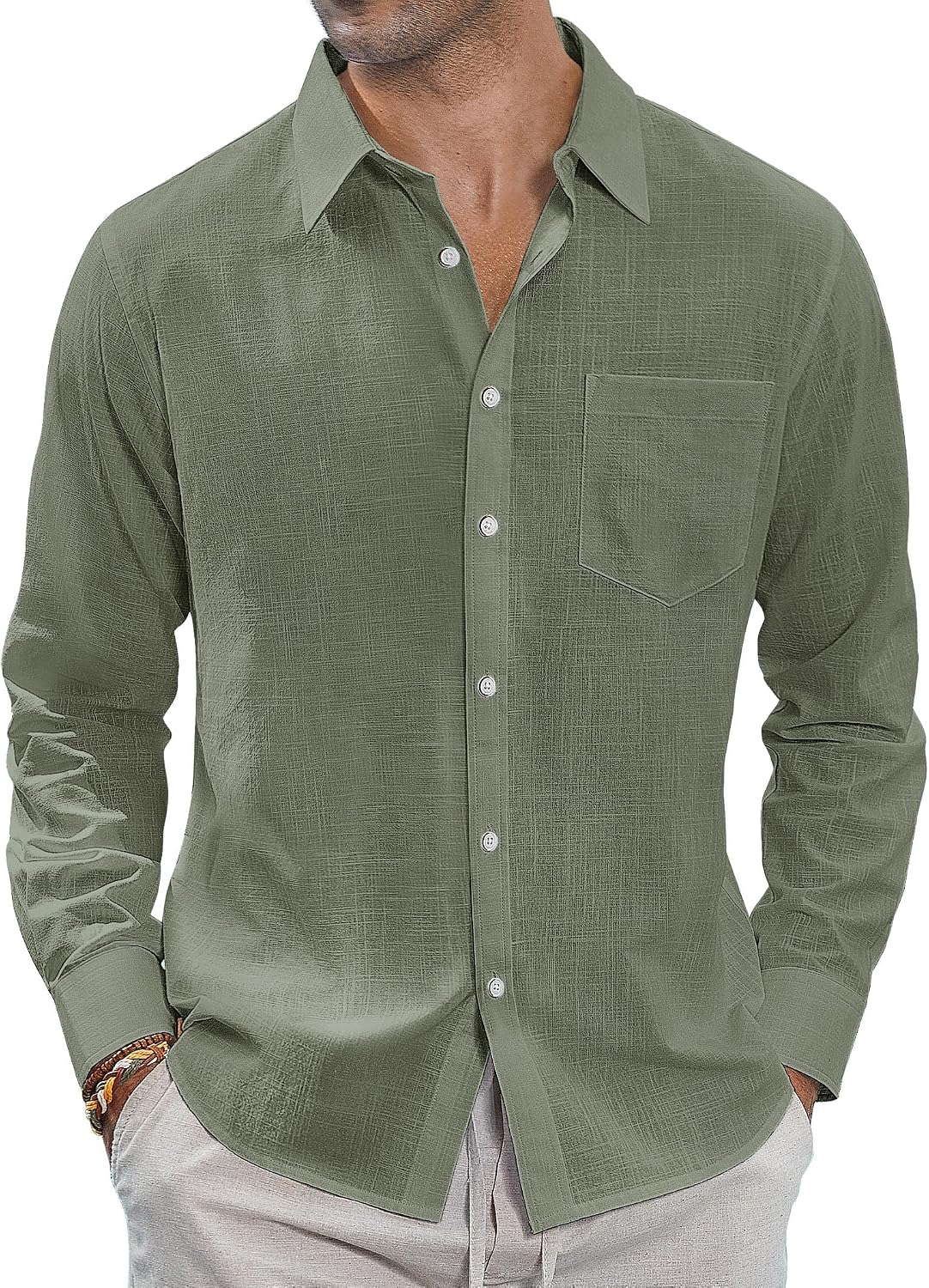 J.VER Men's Long Sleeve Linen Cotton Shirts Casual Button Down Shirt Summer Beach Tops with Pocket White Large