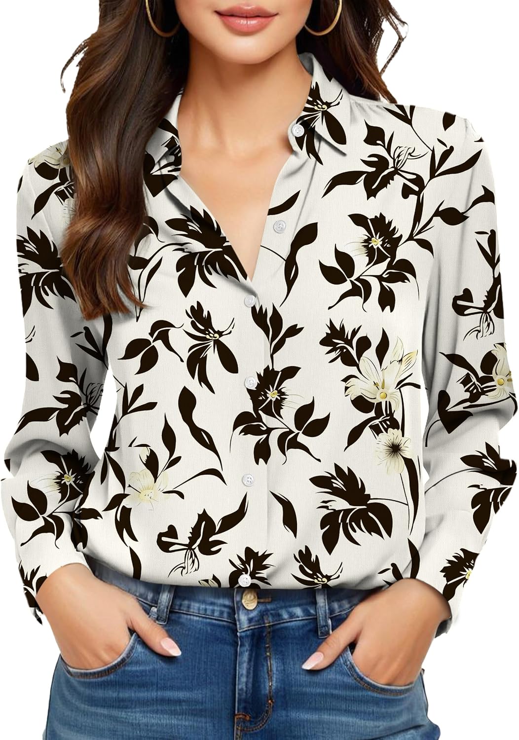 COUXILY Beige Dress Shirts Women Womens Blouse Button Down Up Silk Shirt Long Sleeve Blouses Collared Slim Wrinkle Free Fit Formal Tops for Casual Work Business Tunic Work Top Cream Size XL