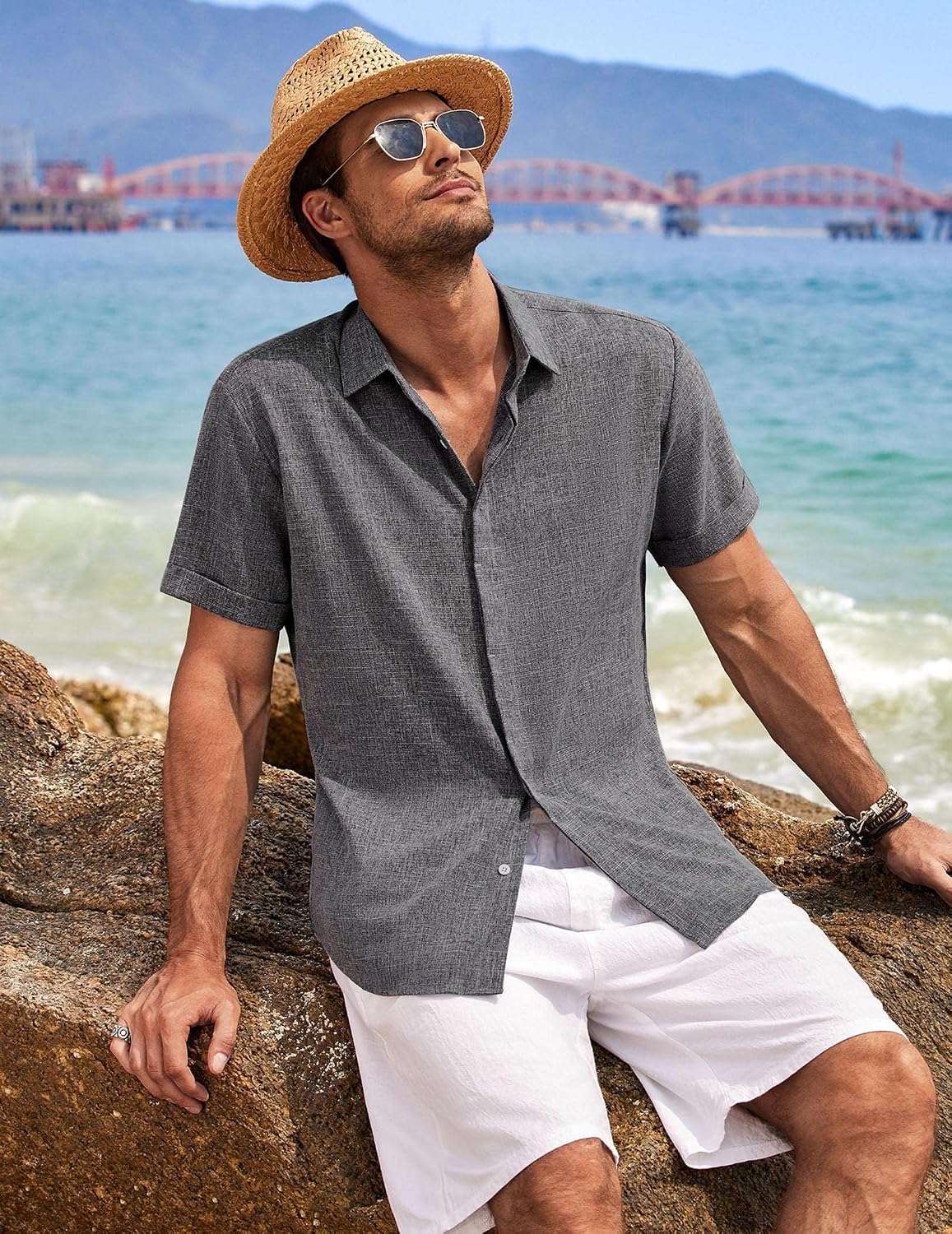 COOFANDY Men's Linen Wedding Shirts - Short Sleeve. Button Up. Casual. Relaxed-Fit Dark Grey