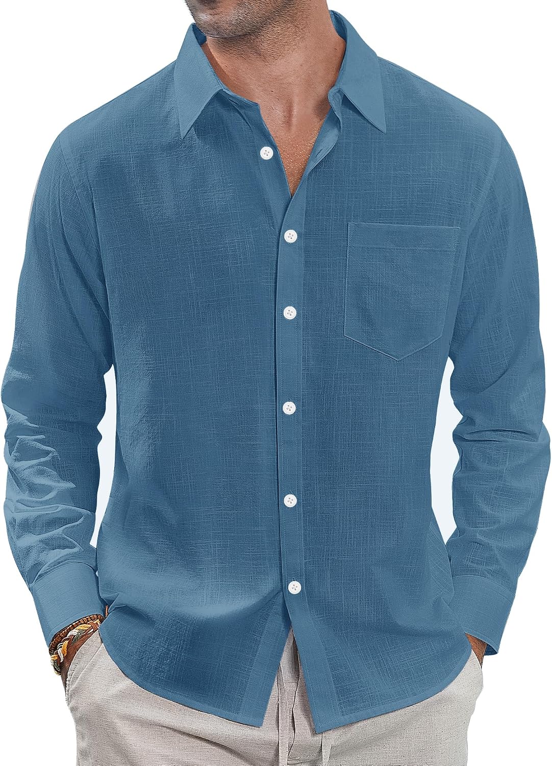 J.VER Men's Long Sleeve Linen Cotton Shirts Casual Button Down Shirt Summer Beach Tops with Pocket White Large