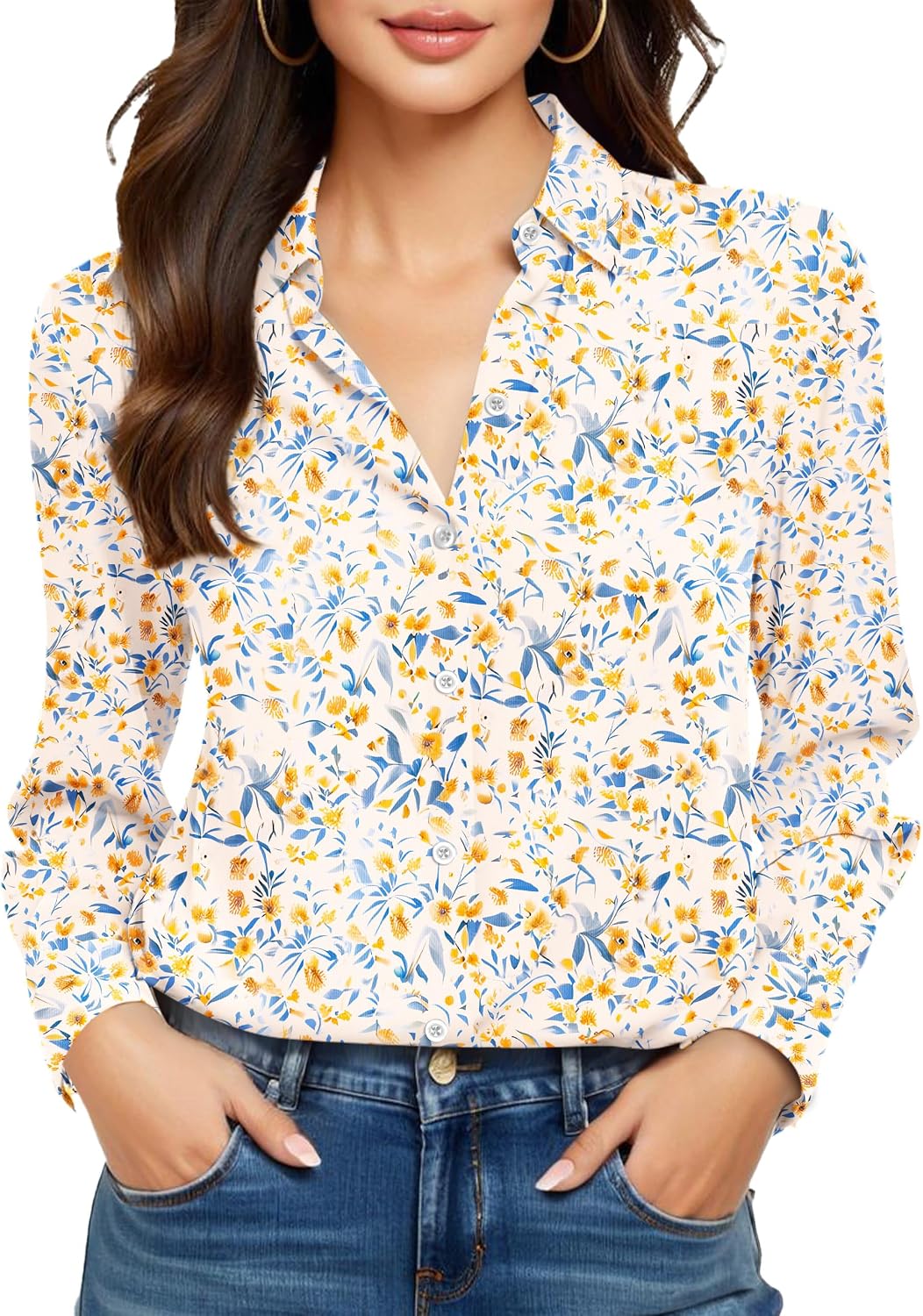 COUXILY Beige Dress Shirts Women Womens Blouse Button Down Up Silk Shirt Long Sleeve Blouses Collared Slim Wrinkle Free Fit Formal Tops for Casual Work Business Tunic Work Top Cream Size XL